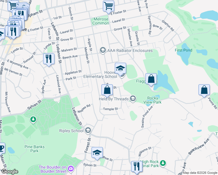 map of restaurants, bars, coffee shops, grocery stores, and more near 56 Grandview Ave in Melrose