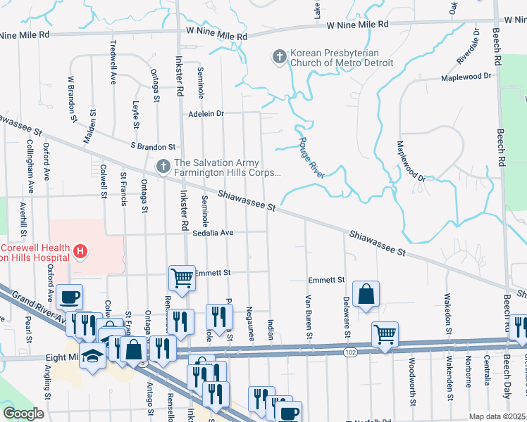 map of restaurants, bars, coffee shops, grocery stores, and more near 27057 Shiawassee Street in Southfield