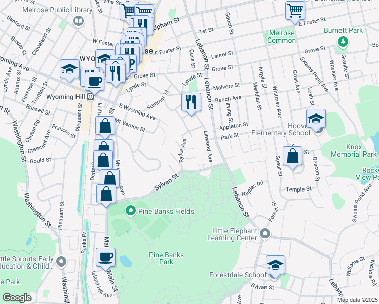 map of restaurants, bars, coffee shops, grocery stores, and more near 11 Whitwell Street in Melrose