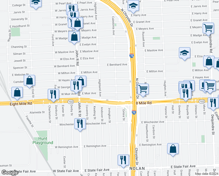 map of restaurants, bars, coffee shops, grocery stores, and more near 568 East George Avenue in Hazel Park