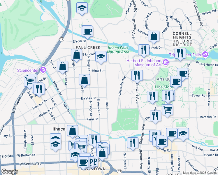map of restaurants, bars, coffee shops, grocery stores, and more near 417-19 Linn St in Ithaca