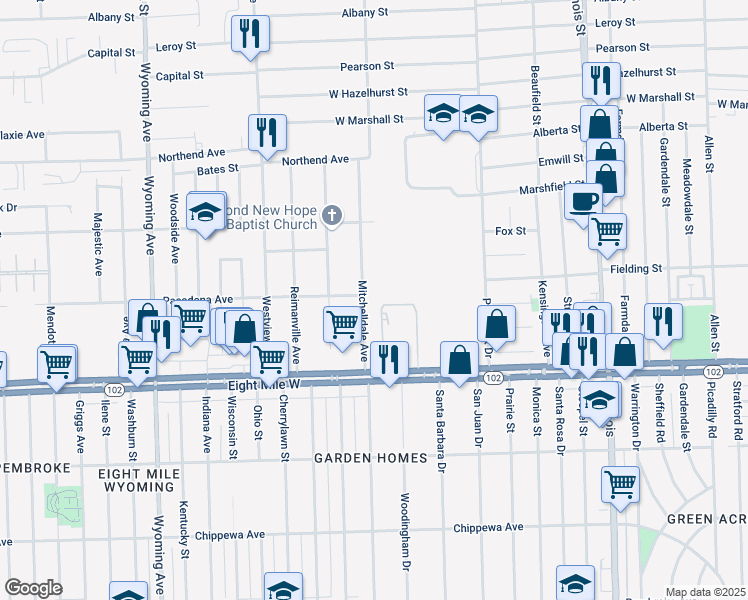 map of restaurants, bars, coffee shops, grocery stores, and more near 20886 Mitchelldale Avenue in Ferndale