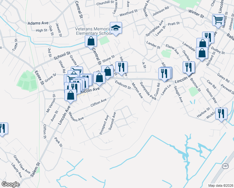 map of restaurants, bars, coffee shops, grocery stores, and more near 16 Clifton Avenue in Saugus