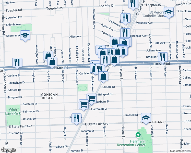 map of restaurants, bars, coffee shops, grocery stores, and more near 15405 Gratiot Avenue in Detroit