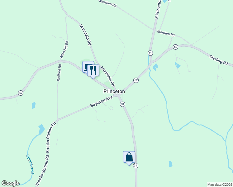 map of restaurants, bars, coffee shops, grocery stores, and more near 2 Hubbardston Road in Princeton