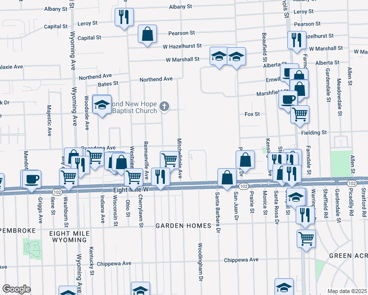 map of restaurants, bars, coffee shops, grocery stores, and more near 20886 Mitchelldale Avenue in Ferndale