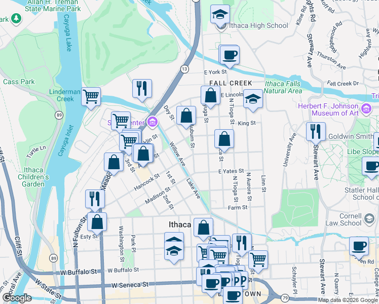 map of restaurants, bars, coffee shops, grocery stores, and more near 102 Hancock Street in Ithaca