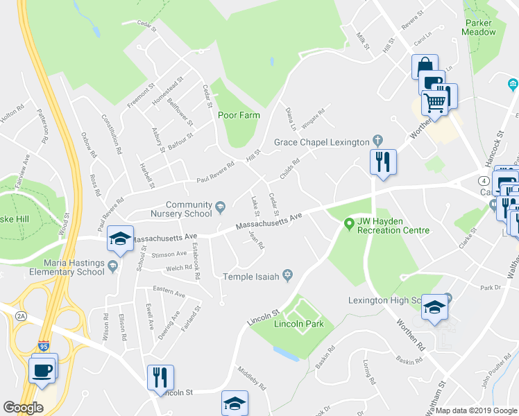 map of restaurants, bars, coffee shops, grocery stores, and more near 5 Lake Street in Lexington