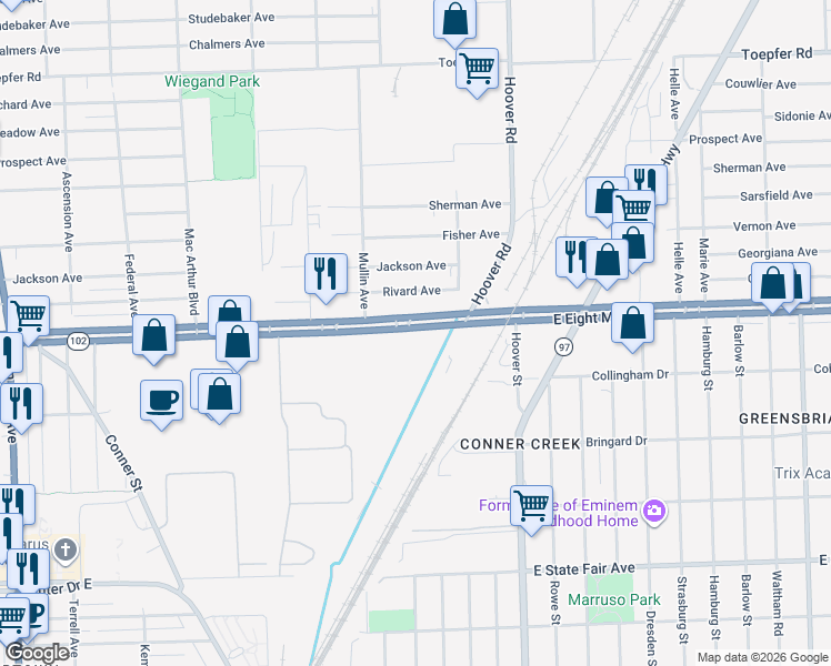 map of restaurants, bars, coffee shops, grocery stores, and more near 11360 East Eight Mile Road in Detroit