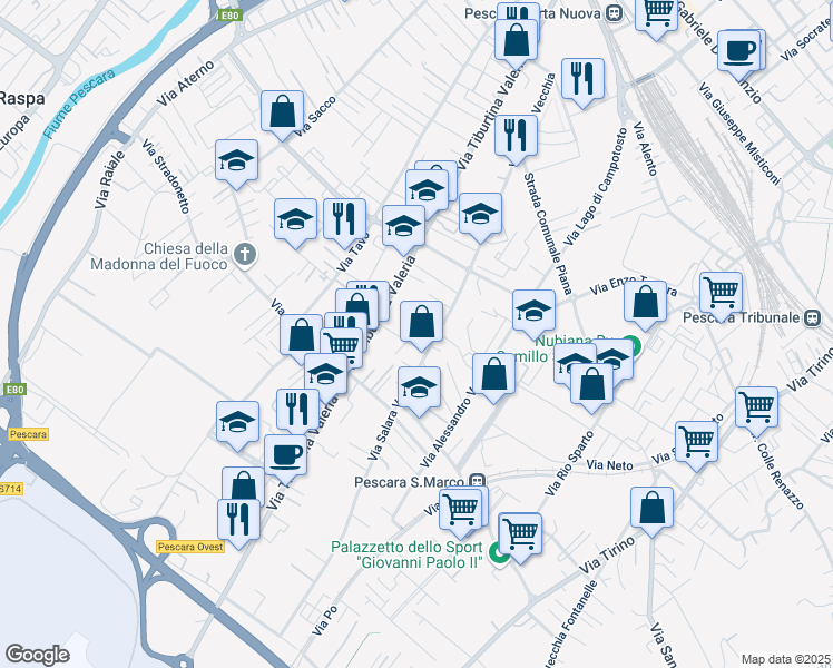 map of restaurants, bars, coffee shops, grocery stores, and more near 38 Via Salara Vecchia in Pescara
