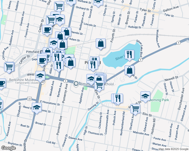 map of restaurants, bars, coffee shops, grocery stores, and more near 33 Fourth Street in Pittsfield