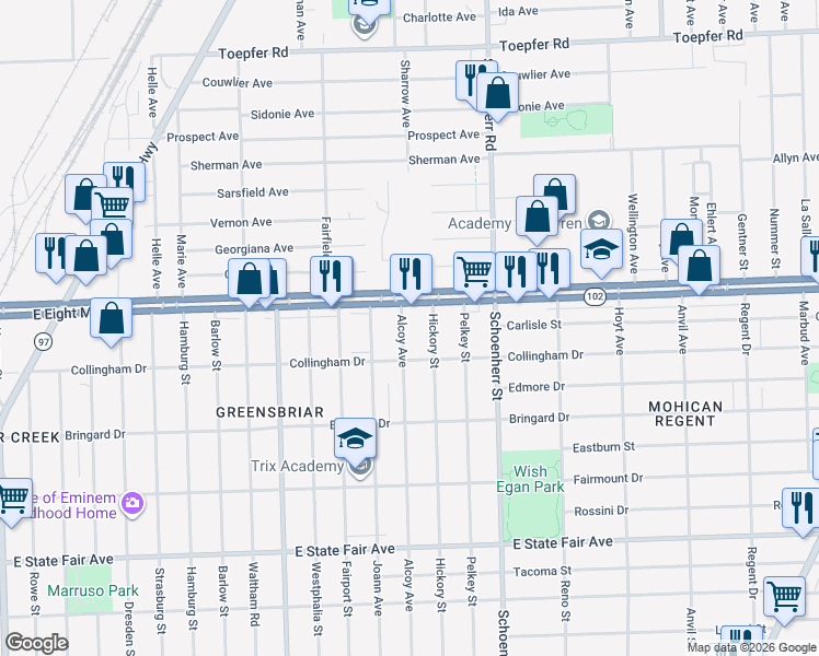 map of restaurants, bars, coffee shops, grocery stores, and more near 20560 Alcoy Avenue in Detroit