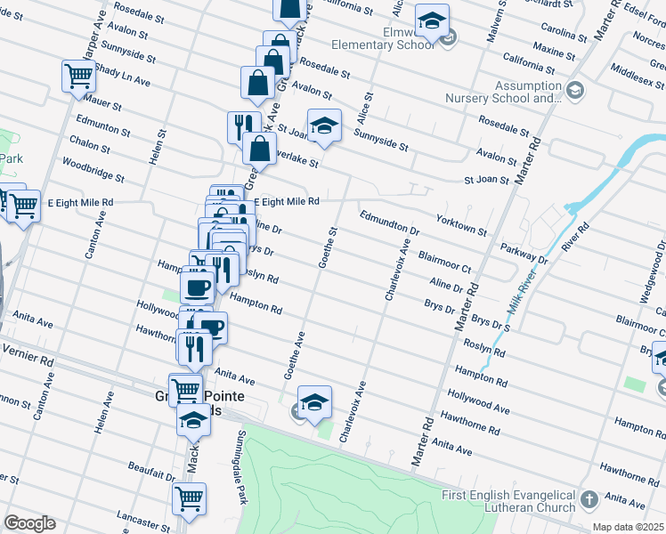 map of restaurants, bars, coffee shops, grocery stores, and more near 1640 Brys Drive in Grosse Pointe Woods