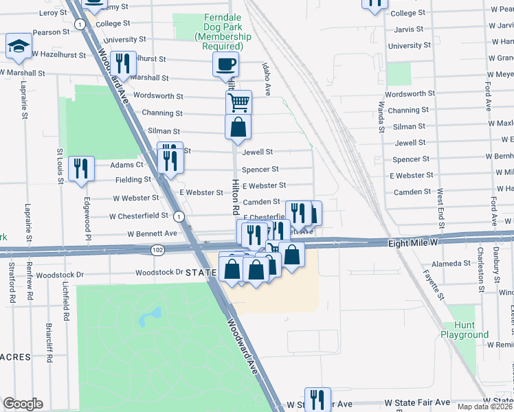 map of restaurants, bars, coffee shops, grocery stores, and more near 550 Camden Street in Ferndale