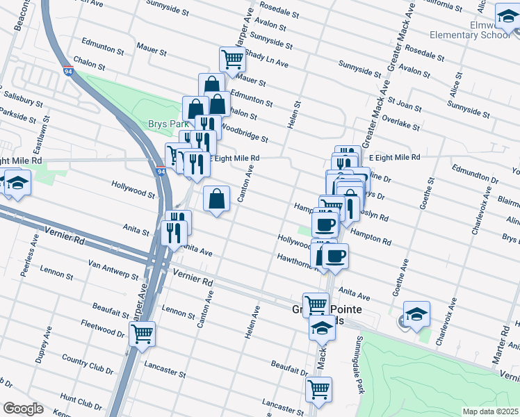 map of restaurants, bars, coffee shops, grocery stores, and more near 2180 Ridgemont Road in Grosse Pointe Woods