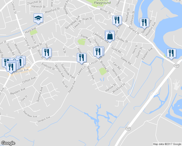 map of restaurants, bars, coffee shops, grocery stores, and more near 5 Tuscan Avenue in Saugus
