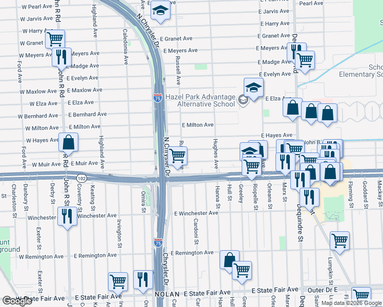 map of restaurants, bars, coffee shops, grocery stores, and more near 1132 East George Avenue in Hazel Park