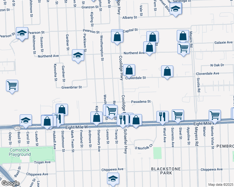 map of restaurants, bars, coffee shops, grocery stores, and more near 21160 Ridgedale Street in Oak Park