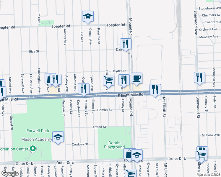 map of restaurants, bars, coffee shops, grocery stores, and more near 20734 Blackmar Avenue in Warren