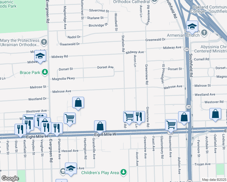 map of restaurants, bars, coffee shops, grocery stores, and more near 19073 Melrose Avenue in Southfield