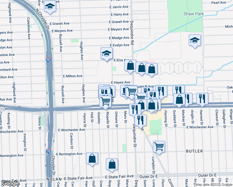 map of restaurants, bars, coffee shops, grocery stores, and more near 1645 East Muir Avenue in Hazel Park