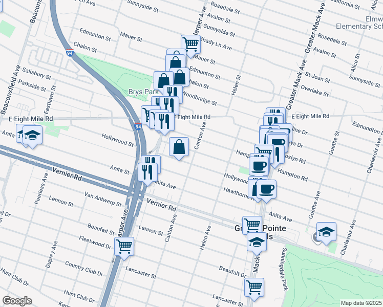 map of restaurants, bars, coffee shops, grocery stores, and more near 20944 Ridgemont Road in Harper Woods