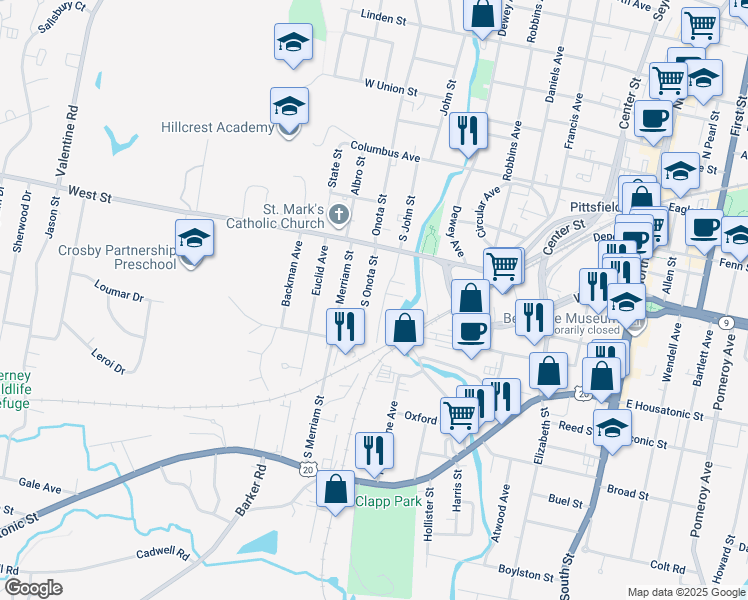 map of restaurants, bars, coffee shops, grocery stores, and more near 40 Riverview Homes in Pittsfield