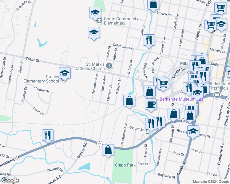 map of restaurants, bars, coffee shops, grocery stores, and more near 45 Merriam Street in Pittsfield