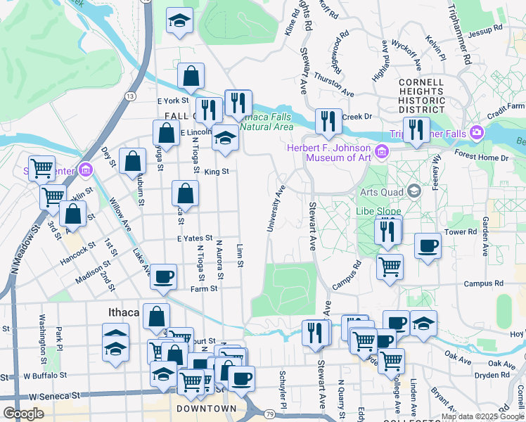 map of restaurants, bars, coffee shops, grocery stores, and more near 417-19 Linn Street in Ithaca