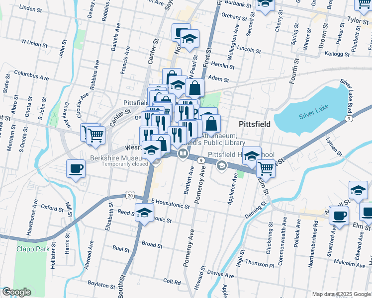 map of restaurants, bars, coffee shops, grocery stores, and more near 25 1st Street in Pittsfield