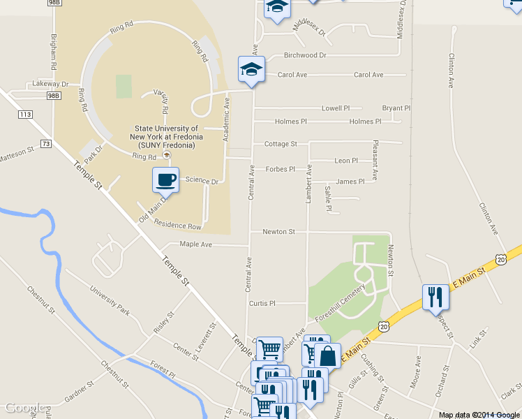 map of restaurants, bars, coffee shops, grocery stores, and more near 159 Central Ave in Fredonia