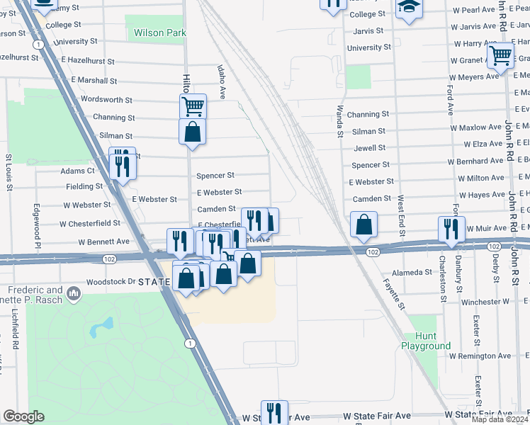 map of restaurants, bars, coffee shops, grocery stores, and more near 840 Camden Street in Ferndale