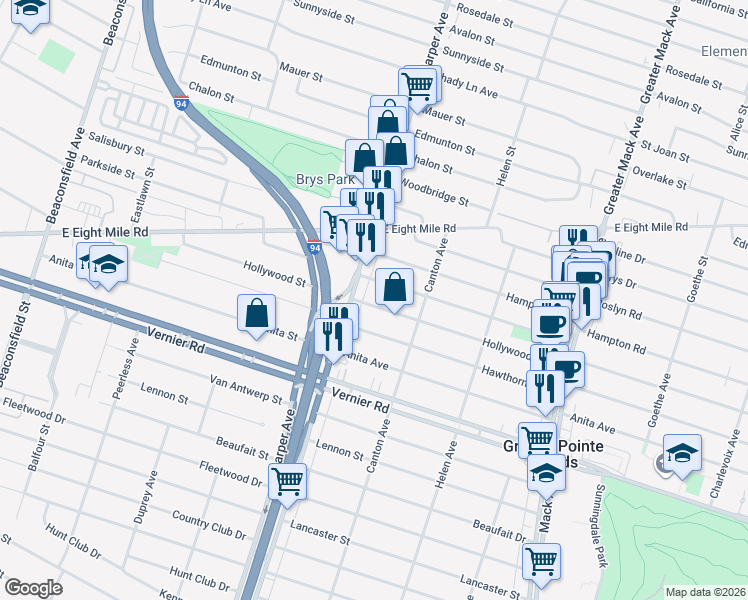 map of restaurants, bars, coffee shops, grocery stores, and more near 20847 Hollywood Street in Harper Woods