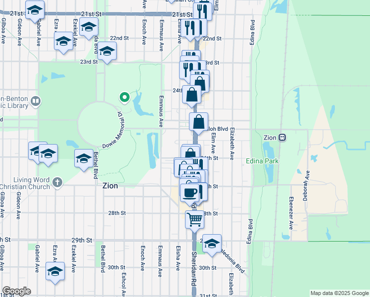 map of restaurants, bars, coffee shops, grocery stores, and more near 2531 Elisha Avenue in Zion