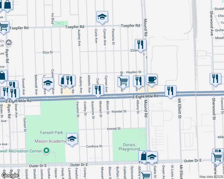 map of restaurants, bars, coffee shops, grocery stores, and more near 20735 Panama Street in Warren