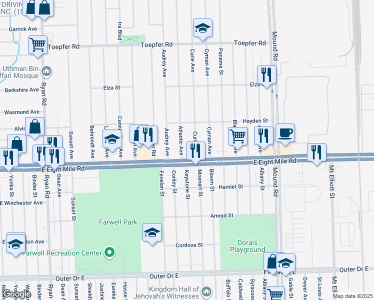 map of restaurants, bars, coffee shops, grocery stores, and more near 20748 Atlantic Avenue in Warren