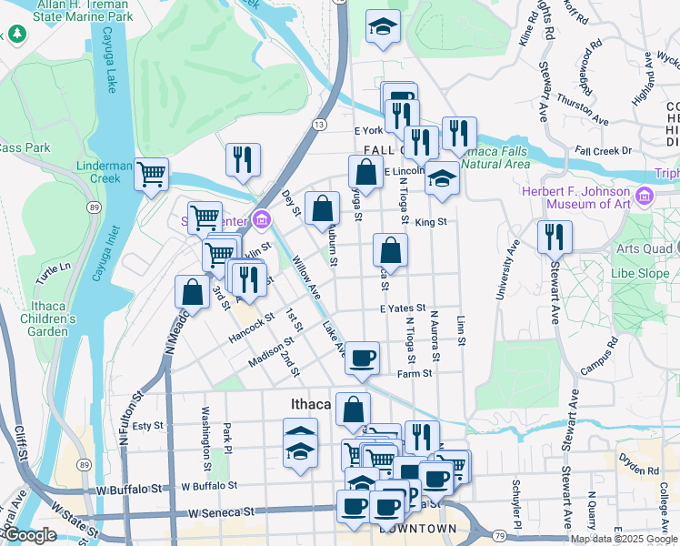 map of restaurants, bars, coffee shops, grocery stores, and more near 112 West Tompkins Street in Ithaca