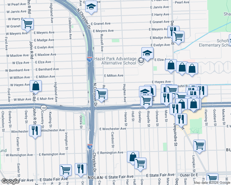 map of restaurants, bars, coffee shops, grocery stores, and more near 1306 East George Avenue in Hazel Park