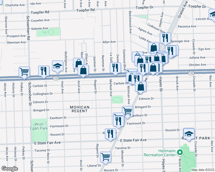map of restaurants, bars, coffee shops, grocery stores, and more near 14480 Carlisle Street in Detroit