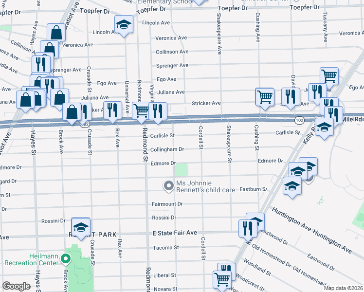 map of restaurants, bars, coffee shops, grocery stores, and more near 16229 Collingham Drive in Detroit