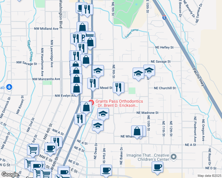 map of restaurants, bars, coffee shops, grocery stores, and more near 984 Northeast 9th Street in Grants Pass