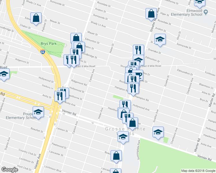 map of restaurants, bars, coffee shops, grocery stores, and more near 2111 Hampton Rd in Grosse Pointe Woods