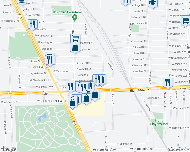 map of restaurants, bars, coffee shops, grocery stores, and more near 748 Camden Street in Ferndale