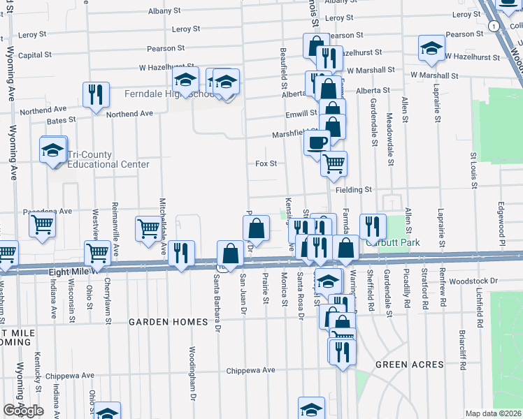 map of restaurants, bars, coffee shops, grocery stores, and more near 1420 Marie Street in Ferndale