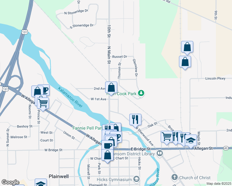 map of restaurants, bars, coffee shops, grocery stores, and more near 539 Thomas Street in Plainwell