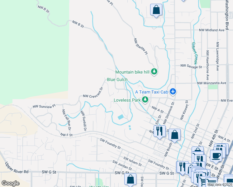 map of restaurants, bars, coffee shops, grocery stores, and more near 1437 Northwest B Street in Grants Pass