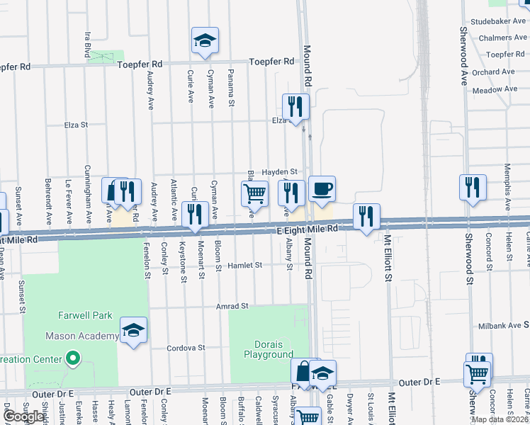 map of restaurants, bars, coffee shops, grocery stores, and more near 20734 Blackmar Avenue in Warren