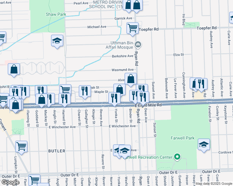 map of restaurants, bars, coffee shops, grocery stores, and more near 3812 Maple Street in Warren