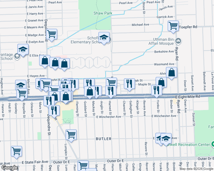 map of restaurants, bars, coffee shops, grocery stores, and more near 2817 Emmons Avenue in Warren