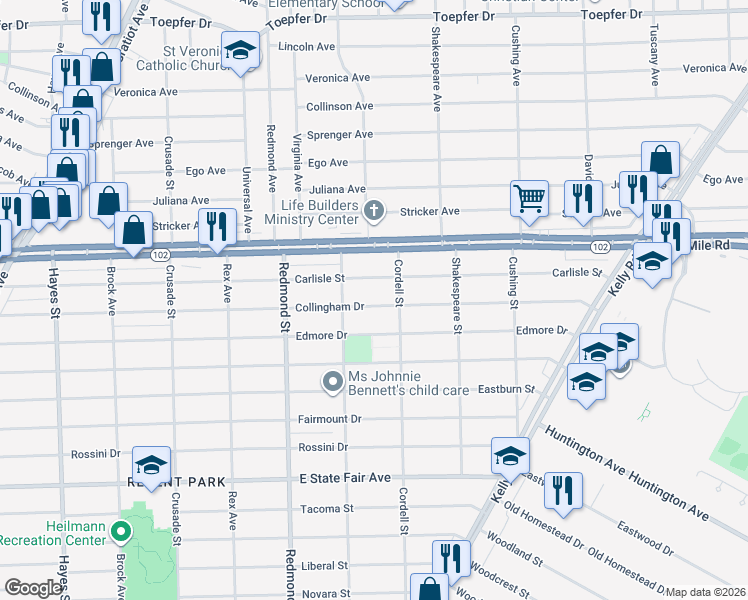 map of restaurants, bars, coffee shops, grocery stores, and more near 16229 Collingham Drive in Detroit